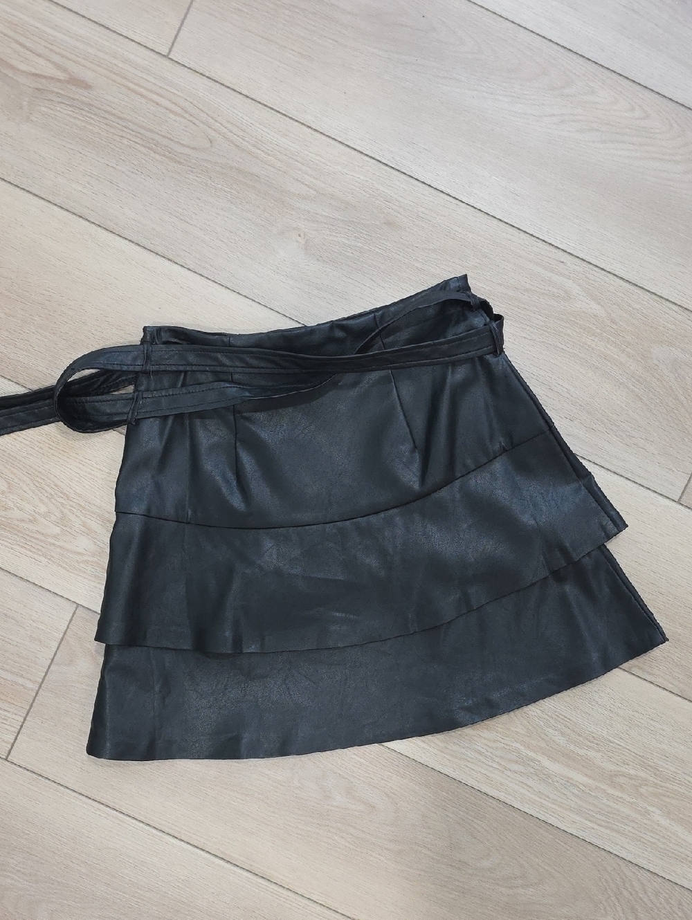 Black Tiered Faux Leather Ruffle Mini Skirt With Waist Tie